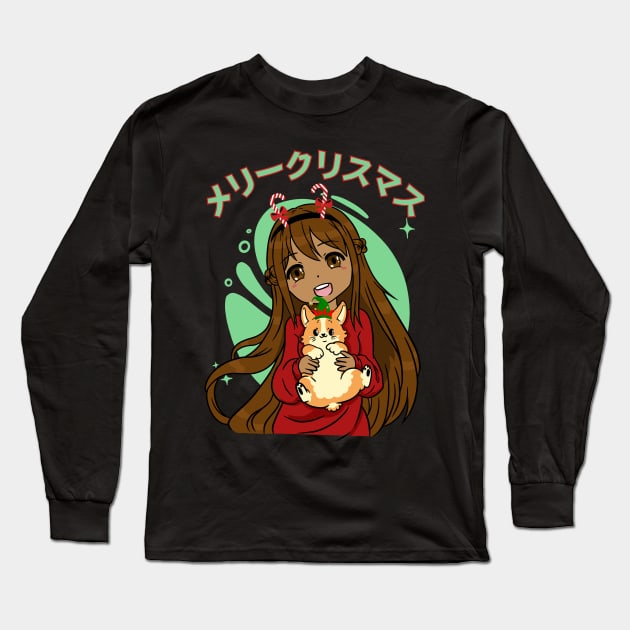 Kawaii Anime Black Girl And Corgi Christmas Long Sleeve T-Shirt by Sugoi Otaku Gifts